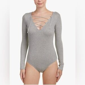 Soft Splendid Sylvie Cotton Blend Tie Lace Up Neck Ribbed  Long Sleeve Bodysuit